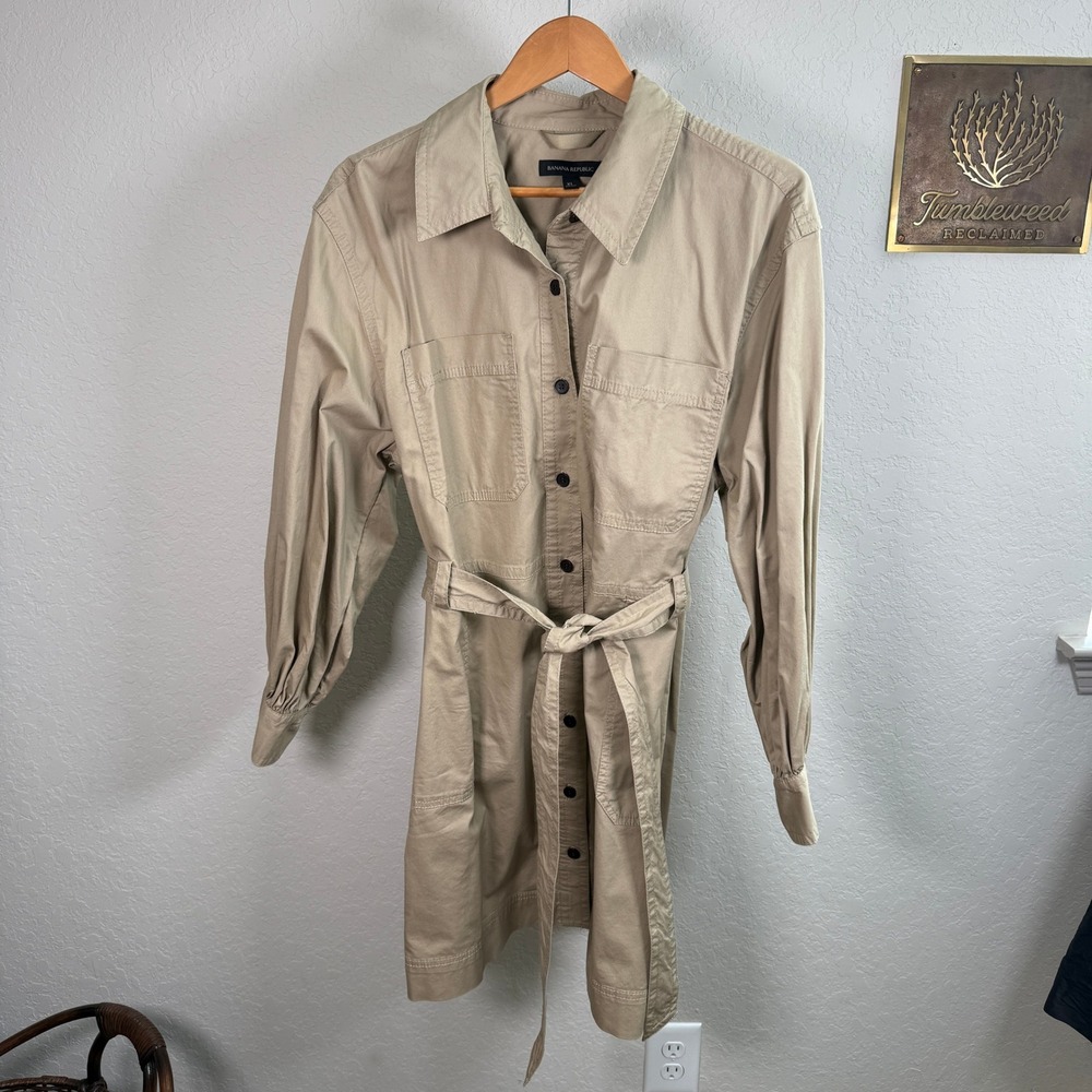 Banana Republic Khaki Utility Shirt Dress Womens XL Belted Cotton Stretch Tan
